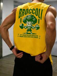 GRDR Men's Summer Broccoli & Dumbbell Print Casual Round Neck Tank Top - Yellow - View 4