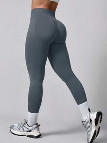 1 pieza Pantalones deportivos elásticos sin costuras de cintura alta de unicolor acanalado para mujer, primavera - Gris Oscuro - Ver 6