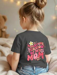 Young Girl Casual Graphic Print Crew Neck Short Sleeve T-Shirt, Summer Top - Dark Grey - View 1