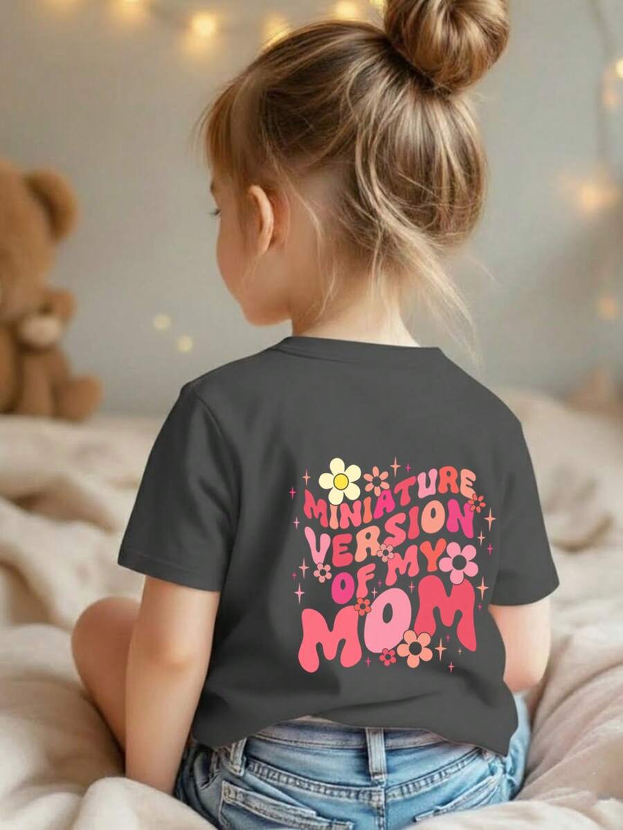 Young Girl Casual Graphic Print Crew Neck Short Sleeve T-Shirt, Summer Top - Dark Grey - View 1