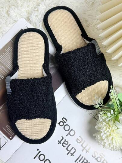 Women's Linen Breathable Slip-On Flat Sandals, Casual Home Slippers For Spring, Summer, All Seasons, Black & White Patchwork