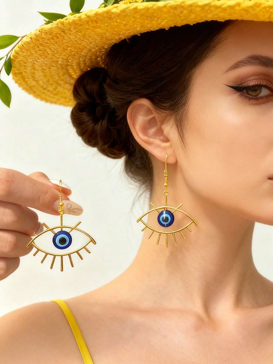 一件式铁质恶魔之眼流苏耳环，适合作为节日礼物、派对、婚礼、宴会佩戴。 - 金黃色 - 查看 1