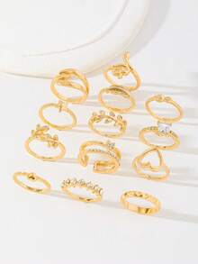 13Pcs Gold Boho Ring Set: Snake Heart Star Feather Rhinestone Stackable Rings For Women Daily Party Fashion Jewelry - Gold - View 2