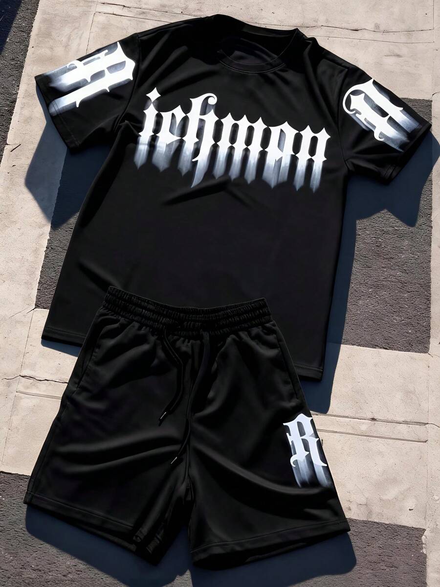1 pieza Conjunto de camiseta y pantalones cortos casuales para hombres con estampado de letras, estilo de verano, adecuado para uso diario - Negro - Ver 1