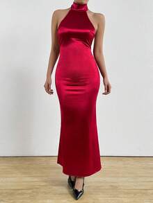 1pc Sexy Backless Round Neck Sleeveless Elegant Maxi Dress, Fitted Halter Neck Bodycon Dress, New Arrival 2025 European And American Cross-Border Summer Party - Burgundy - View 3