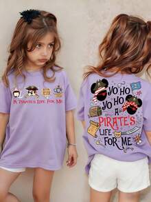 White Background Disney Pirate Style Mickey Mouse Print Kids' Loose Short Sleeve T-Shirt - Playful And Cute Adventure Style Top - Màu tím hoa cà - Xem 1