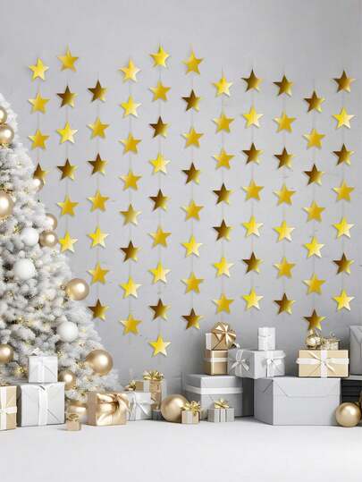 1/2/3/5颗金色闪光星星串 - 4米闪亮箔纸星星串，适用于婴儿派对和育婴室装饰、新娘派对、婚礼、生日派对、圣诞节装饰（纸质悬挂装饰）