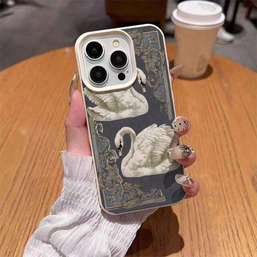 1pc Vintage Floral Heart Frame Swan Pattern TPU Phone Case Compatible With IPhone 17 Pro Max/17/16 Pro Max/15/13/12/11, S20 FE/A15/S24/A55, Redmi Note 11/12/13 Pro, Full Body Soft Protective Cover - Kiểu 8 (1 chiếc) - Xem 1