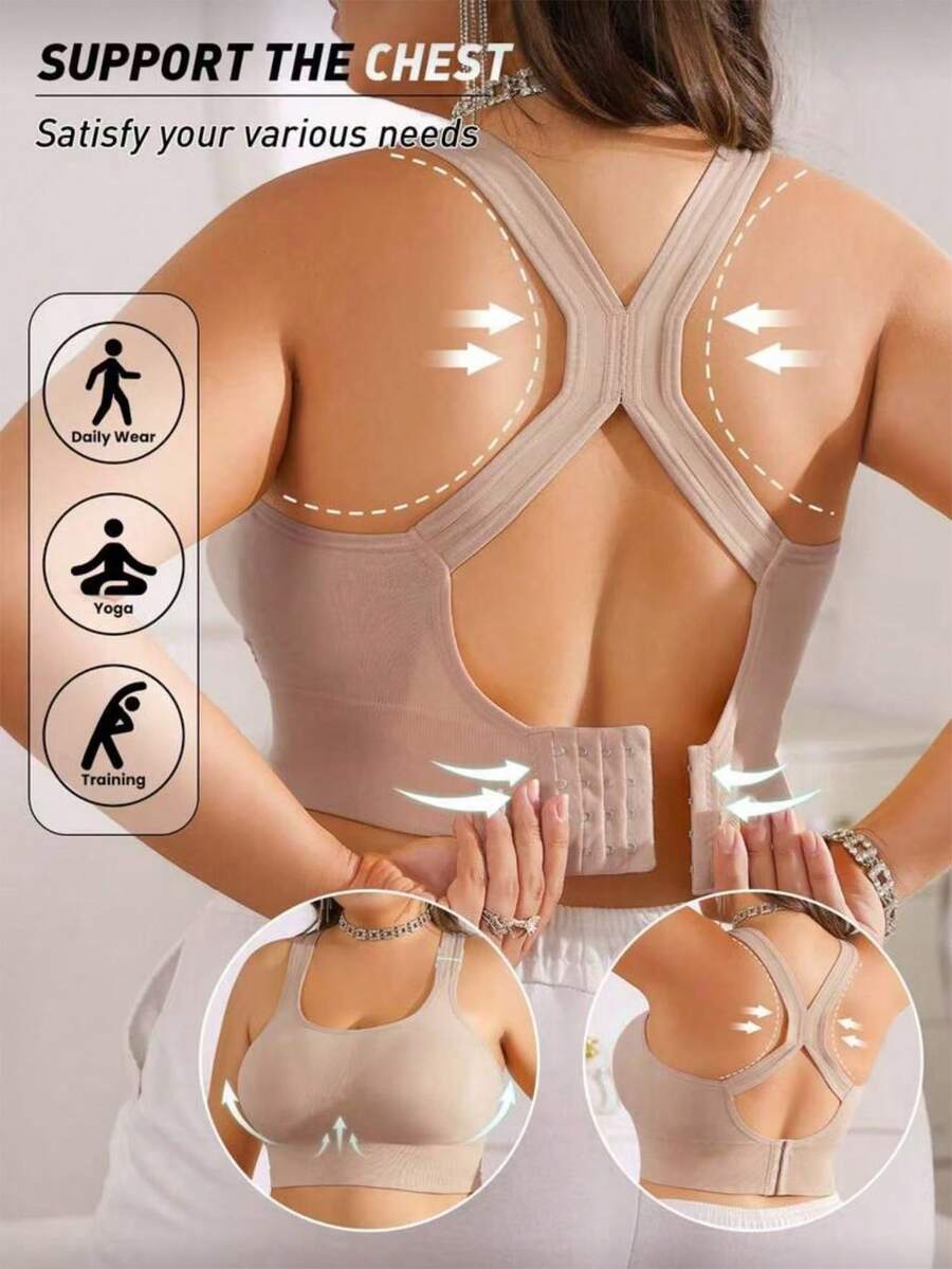 1 pieza Sujetador deportivo para mujer de talla grande, sujetador inalámbrico de alto impacto con espalda de tirantes para correr, hacer ejercicio, yoga, adecuado para busto grande - Champán - Ver 1