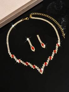 Sparkling Gold Crystal Jewelry Set, Women's V-Neck Necklace & Earrings, Suitable For Bridesmaids, Wedding Guests, Formal Occasions, Ramadan Gifts - 1806 Golden Red-hB - View 5