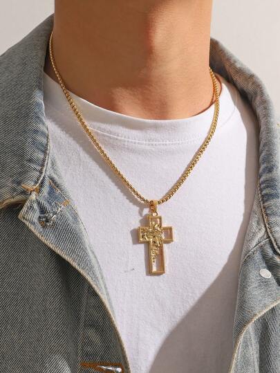男士复古镂空十字架设计+耶稣浮雕吊坠项链，宗教元素百搭配饰，饰有精致的耶稣雕像，适合复活节庆祝活动佩戴，日常时尚穿搭