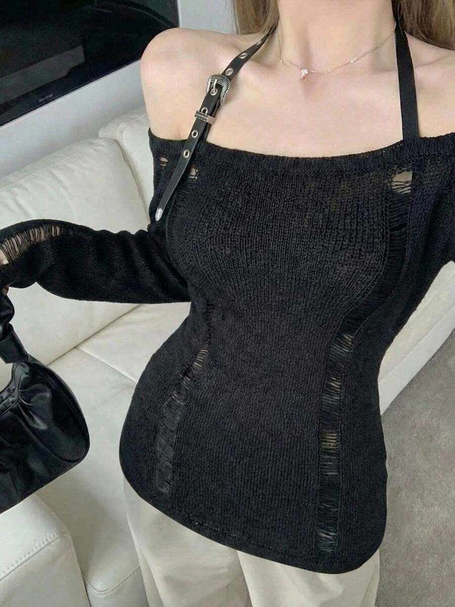 New Slouchy Knitted Cover Up For Women, Unique Design, Slim Fit, Hollow Out, Sexy Top, Spring/Summer - Black - View 1