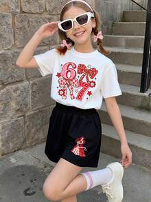 Disney Girl T-Shirt And Shorts Set, Featuring The Cartoon Pattern Of Disney's Ariel Princess With The "67" Letters. Spring/Summer Style Girls' Two-Piece Set. The Fabric Is Soft, Comfortable And Breathable, Suitable For Daily Wear, Sports, Parties, Schools, And Makes An Excellent Gift For Children. - 白色+黑色 - 查看 1