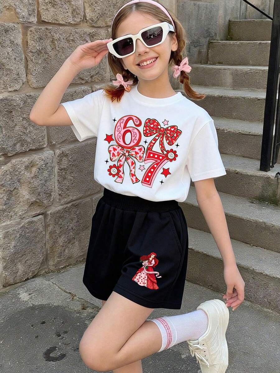 Disney Girl T-Shirt And Shorts Set, Featuring The Cartoon Pattern Of Disney's Ariel Princess With The "67" Letters. Spring/Summer Style Girls' Two-Piece Set. The Fabric Is Soft, Comfortable And Breathable, Suitable For Daily Wear, Sports, Parties, Schools, And Makes An Excellent Gift For Children. - 白色+黑色 - 查看 1