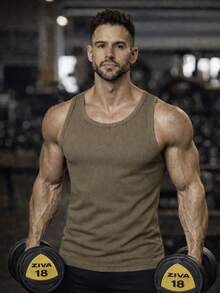 Men's Fitness Sleeveless Compression Muscle Tank Top, Workout Vest - Camel - View 2