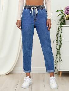 Pantalones 3/4 de denim elástico 9635-1#, casuales y versátiles, bajo enrollado, cintura elástica cómoda con cordón, pantalones cortos de denim para primavera - azul medio - Ver 4