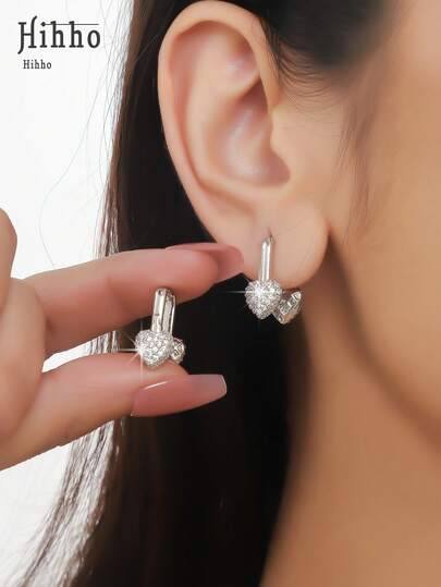 Hihho 1 Pair Elegant Sparkling Zirconia Double Heart Earrings, Fashionable And Graceful Creative Design For Women, Suitable For Sweet, Elegant, And Casual Styles, Enhancing The Overall Look