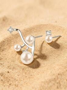 1对女士925纯银不对称钻石珍珠耳环，奢华独特优雅耳环，适合日常佩戴 - #1 - 查看 8