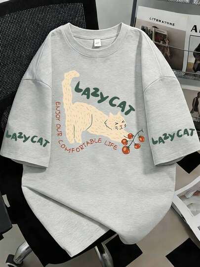 Camiseta de manga corta con cuello redondo y estampado de gato de tomate para mujer en verano