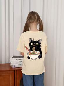 Tween Girl Funny Cat Print Round Neck T-Shirt, Summer Top - Apricot - View 2