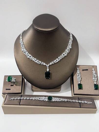 4pcs Luxury Jewelry Set For Women, Includes Copper Inlaid Green & Pink Zirconia Necklace, Earrings, Ring, Bracelet, Bridal Jewelry Set, Valentine's Day Gift For Girlfriend