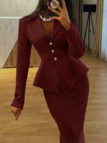 2pcs/Set Elegant Business Formal Suit Blazer + Slit Hem Skirt Outfit Spring - Burgundy - View 2