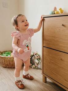 Baby Girl Overalls, Sleeveless Embroidery Rabbit Romper Spring Bodysuit Easter Clothes - Pink - View 1