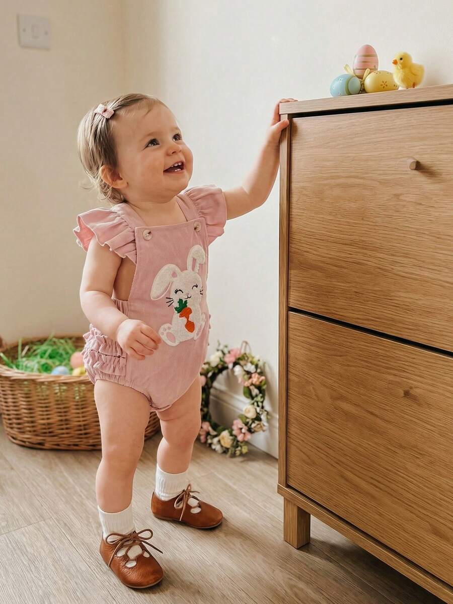 Baby Girl Overalls, Sleeveless Embroidery Rabbit Romper Spring Bodysuit Easter Clothes - Pink - View 1