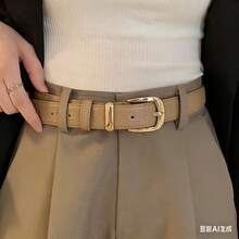 1 Piece 3cm Embossed Lychee Belt, Versatile Model, Metal Buckle For Everyday Wear With Leather Loop. - 米色 - 查看 2