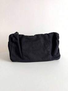 Vintage Minimalist Versatile Flap Shoulder Bag, Thick Washed Canvas Bag, Casual Versatile Large Capacity American Messenger Bag, College Style Japanese University Student Schoolbag, Short Trip Travel Bag, Simple Street Cloth Bag, Black Crossbody Bag , Old Money - 黑色 - 查看 9