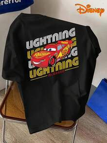 Disney Men's Casual T-Shirt, Featuring A Lightning McQueen From "Cars" With Colorful Line Patterns And An American Street Style, Suitable For Disney Outings, Parent-Child Outfits, Street Parties, And Other Scenes - 黑色 - 查看 2