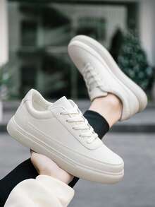 Men's Versatile Minimalist Solid Color Patchwork Low-Top Lace-Up Casual Sneakers, Fashionable Comfortable Round Toe Flat Skateboard Shoes For Teenagers - Beige - View 7