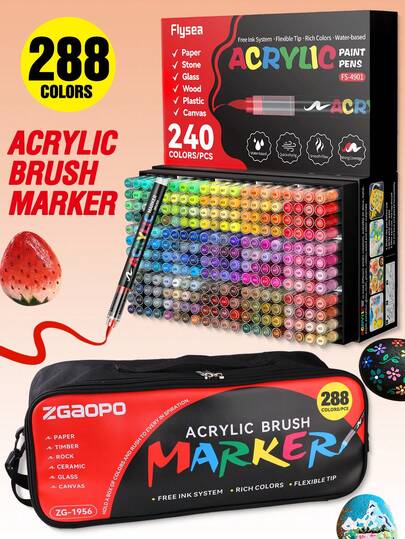 288/240/168/120/72/60/48/36/24/12/8 Colors Direct Liquid Acrylic Marker Pen Set, Suitable For Painting, Illustration, Handicrafts, Coloring Books, And Other DIY Projects On Paper, Fabric, Wood, Stone, Plastic, Glass, Ceramic, Pumpkin, Etc. Great Gift For Students And Adults, Ideal For Thanksgiving, Halloween, Christmas