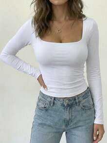 女士纯色方领长袖修身短款长袖T恤，女士打底衫，秋季，白色衬衫 - 白色 - 查看 7
