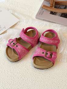 1 Pair Vibrant Girls' Sandals, Knitted Upper, Anti-Slip Thick Sole, Children's Minimalist Flat Sandals, Retro Style, Suitable For Daily Wear, Parties, Play, And Vacation In Summer - Hot Pink - View 3