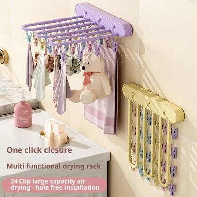 Tendedero plegable con pinzas múltiples para baño y balcón - Organizador de secado versátil y ahorra espacio montado en la pared para calcetines, ropa interior y prendas diarias; instalación con taladro, estructura de acero, mecanismo de apertura y plegado fácil, amplia área de secado, solución práctica de secado al aire para hogares compactos y espacios de vida compartidos