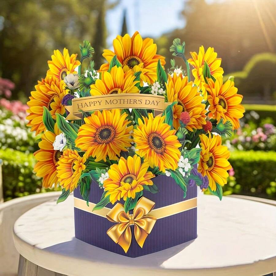 1pc Handmade 3D Yellow Sunflower Design Pop-Up Bouquet Greeting Card (Includes Envelope & Blank Note), Suitable For Birthday, Mother's Day, Anniversary, Blessings & Special Occasions, DIY - Sunflower - View 1