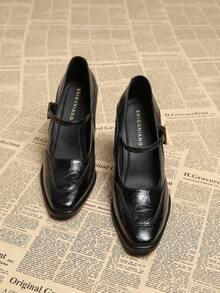 2025秋季女装时尚优雅尖头粗跟低帮鞋，百搭复古玛丽珍高跟鞋，欧美风格 - 黑色 - 查看 3