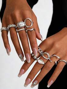 12 piezas Juego de anillos con tono dorado para mujeres - Anillos de declaración con cadena gruesa, asimétricos, geométricos, de perlas falsas, estilo bohemio Y2K retro, apilables, para uso diario y de fiesta - 12 piezas de perla - Ver 9