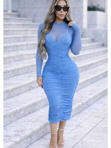 Espresso Mesh Ruched Midi Dress W/ Bra Detail  Plain    Elegant    Ruched  Contrast Mesh  Rib-Knit - Light Blue - View 1