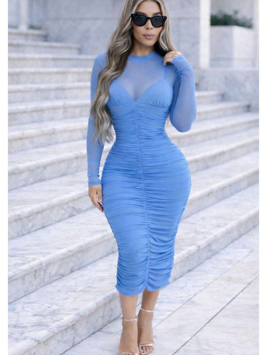 Espresso Mesh Ruched Midi Dress W/ Bra Detail  Plain    Elegant    Ruched  Contrast Mesh  Rib-Knit - Light Blue - View 1