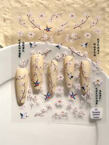1pc New Chinese Style Nail Art Sticker, Featuring White Flowers, Flying Birds As The Main Elements, Paired With Oriental Text And Classical Poems, Exuding Elegant Oriental Aesthetics, Suitable For Those Who Enjoy Chinese Style, Refined And Sophisticated Manicure Nails Nail Stickers - Multicolor - View 2