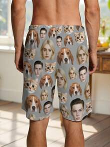 1 pieza Pantalones cortos con estampado facial personalizado: Lleva a tus seres queridos (y mascotas) contigo, el regalo talla grande único - Gris - Ver 3