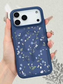 Aesthetic Blue Floral & Leaf Pattern Magnetic Phone Case For IPhone 17 16 15 14 13 12  Pro Max, Vintage Wildflower Shockproof Matte Translucent Back Cover Compatible With Magnetic, Protective Shell With Black Frame & Camera Protection - Blue - View 2