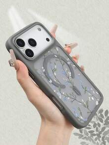 Aesthetic Blue Floral & Leaf Pattern Magnetic Phone Case For IPhone 17 16 15 14 13 12  Pro Max, Vintage Wildflower Shockproof Matte Translucent Back Cover Compatible With Magnetic, Protective Shell With Black Frame & Camera Protection - Blue - View 5
