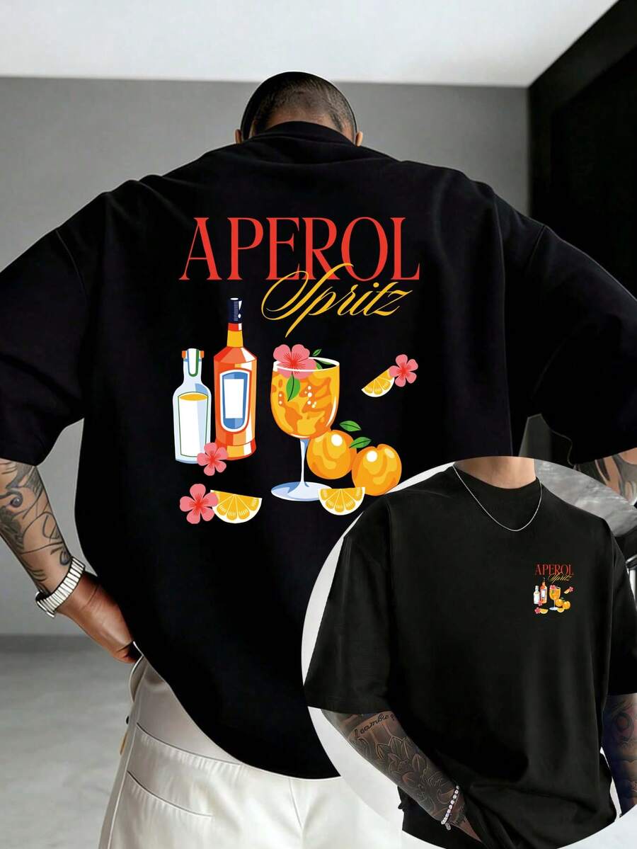 T-shirt da uomo in 100% cotone con stampa fronte-retro, T-shirt da uomo con stampa cocktail "APEROL Spray", maniche corte, ampia e comoda, adatta alla vita quotidiana, abbigliamento sportivo casual, stile street, T-shirt estiva, lavabile in lavatrice - nero - Visualizzare 1