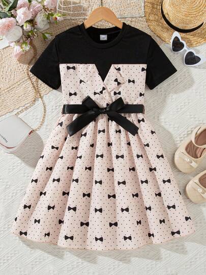 Girls' Casual Outgoing Fashion Contrast Color Bow Print Pattern 3D Bow Hemline Umbrella Short Sleeve Knee-Length Casual Dress With Belt, Spring/Summer