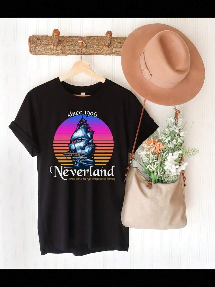Neverland Tee, Retro  Peter Pan Neverland Map Shirt, Second Star To The  And Straight On Til Morning Shirt, Disneyland - 黑色 - 查看 1