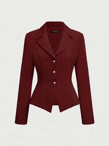 2pcs/Set Elegant Business Formal Suit Blazer + Slit Hem Skirt Outfit Spring - Burgundy - View 6