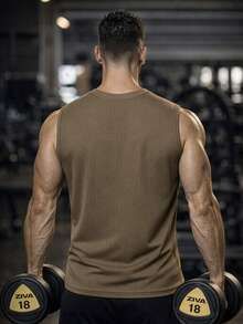 Men's Solid Color Sleeveless Fitness Tank Top, Muscle Fit Training Shirt Summer - Camel - View 3